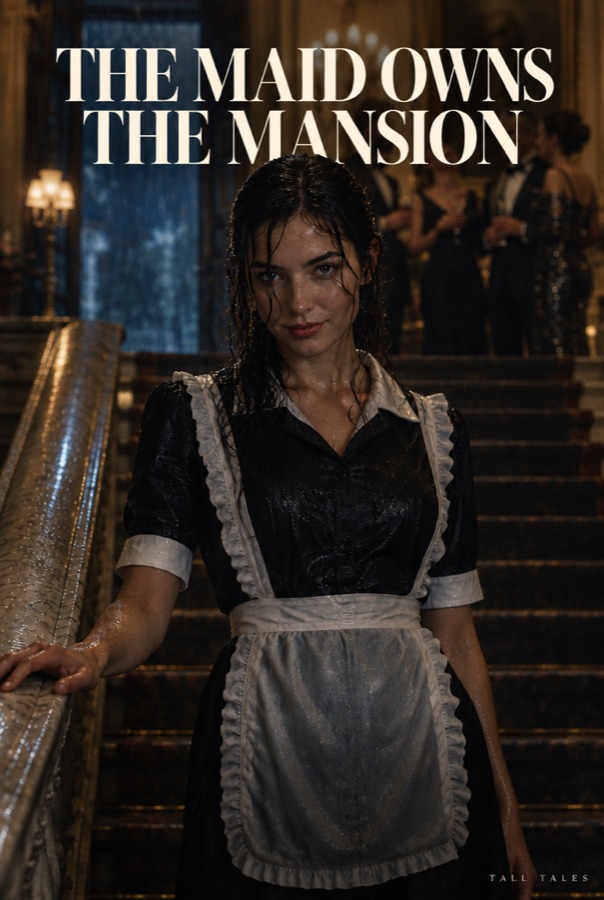 Key art B: the maid on the staircase, soaked, looking at camera